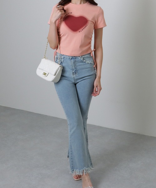 Lace Ladies(レースレディース)の「サイド シャーリング コンパクト 半袖 プリント トップス(Tシャツ/カットソー・レディース・ホワイト/ピンク/グレー・S/M/XL)」の4枚目の写真