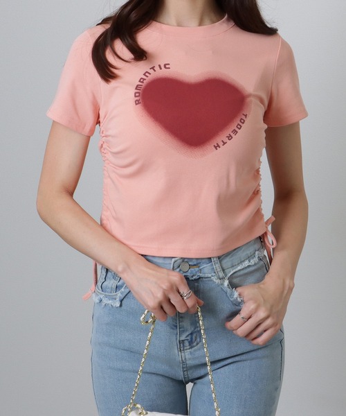 Lace Ladies(レースレディース)の「サイド シャーリング コンパクト 半袖 プリント トップス(Tシャツ/カットソー・レディース・ホワイト/ピンク/グレー・S/M/XL)」の5枚目の写真
