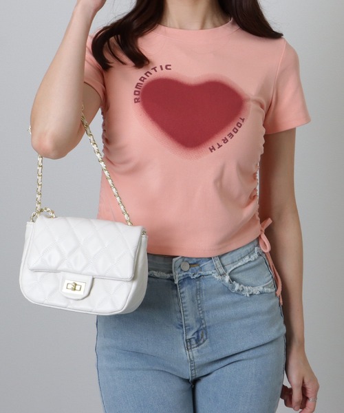 Lace Ladies(レースレディース)の「サイド シャーリング コンパクト 半袖 プリント トップス(Tシャツ/カットソー・レディース・ホワイト/ピンク/グレー・S/M/XL)」の6枚目の写真