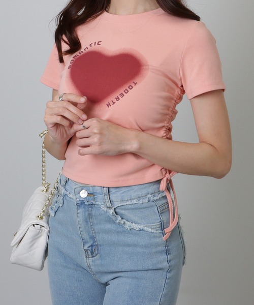 Lace Ladies(レースレディース)の「サイド シャーリング コンパクト 半袖 プリント トップス(Tシャツ/カットソー・レディース・ホワイト/ピンク/グレー・S/M/XL)」の7枚目の写真
