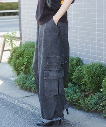 【ウエストゴム仕様】 ウォッシュ加工 デニム カーゴパンツ