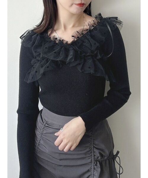 dazzlin(ダズリン)の「リボンチュールオフショルニットトップス(ニット/セーター・レディース・グレー/ブラック/その他/その他2/ピンク/オフホワイト・FREE)」の6枚目の写真