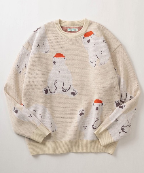 make a ray!（メイク ア レイ！）の「アニマル総柄 ジャガード織デザイン クルーネック長袖ニット/ ビッグシルエット/クマ/ネコ/イヌ（ニット/セーター・レディース・ライトブルー/クリーム/オフホワイト/チャコールグレー/ホワイト/グリーン・M/L）」の2枚目の写真