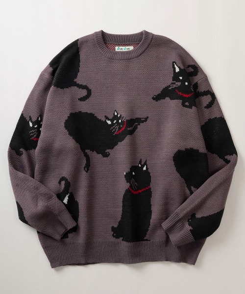 make a ray!（メイク ア レイ！）の「アニマル総柄 ジャガード織デザイン クルーネック長袖ニット/ ビッグシルエット/クマ/ネコ/イヌ（ニット/セーター・レディース・ライトブルー/クリーム/オフホワイト/チャコールグレー/ホワイト/グリーン・M/L）」の3枚目の写真