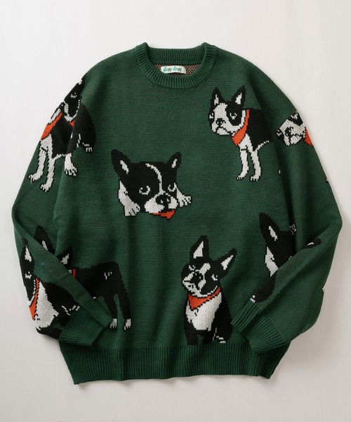 make a ray!（メイク ア レイ！）の「アニマル総柄 ジャガード織デザイン クルーネック長袖ニット/ ビッグシルエット/クマ/ネコ/イヌ（ニット/セーター・レディース・ライトブルー/クリーム/オフホワイト/チャコールグレー/ホワイト/グリーン・M/L）」の5枚目の写真