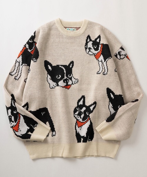 make a ray!（メイク ア レイ！）の「アニマル総柄 ジャガード織デザイン クルーネック長袖ニット/ ビッグシルエット/クマ/ネコ/イヌ（ニット/セーター・レディース・ライトブルー/クリーム/オフホワイト/チャコールグレー/ホワイト/グリーン・M/L）」の4枚目の写真