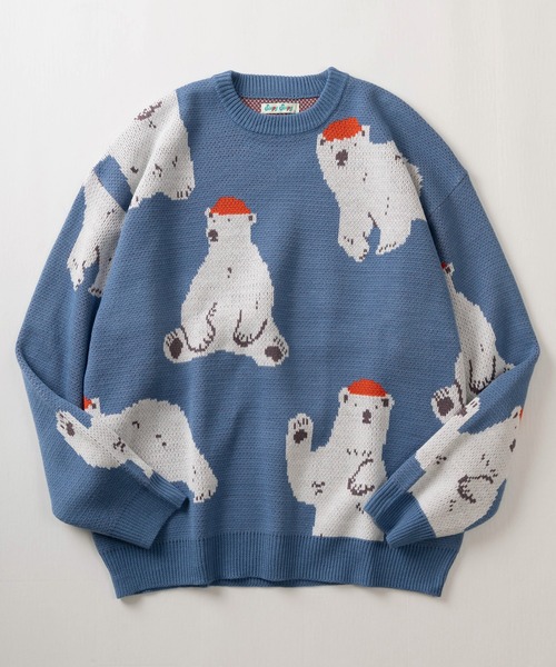 make a ray!（メイク ア レイ！）の「アニマル総柄 ジャガード織デザイン クルーネック長袖ニット/ ビッグシルエット/クマ/ネコ/イヌ（ニット/セーター・レディース・ライトブルー/クリーム/オフホワイト/チャコールグレー/ホワイト/グリーン・M/L）」の6枚目の写真