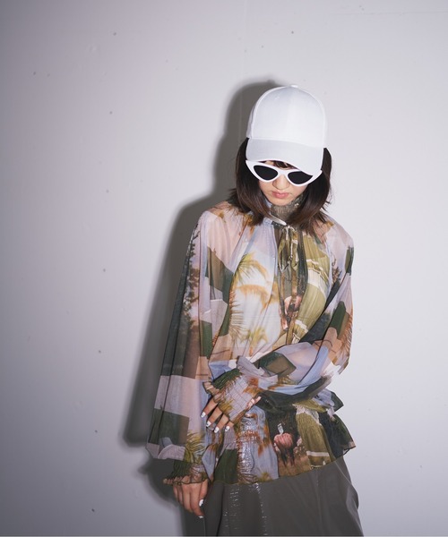 ブラウス シャツ shirring ribbon print tulle blouse レディース ブラウス シャツ shirring ribbon print tulle blouse