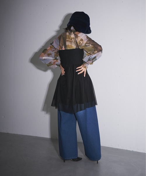 セール】shirring ribbon print tulle blouse（シャツ/ブラウス