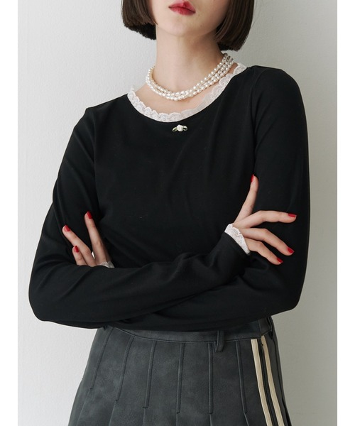 jouetie（ジュエティ）の「ローズモチーフレースドッキングロンT（Tシャツ/カットソー・レディース・オフホワイト/グレー/ブラック/ブルー・MEDIUM）」の15枚目の写真