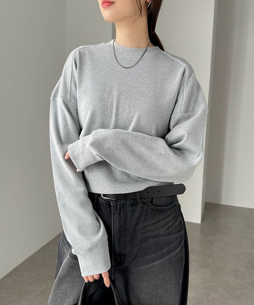 セール】テレコリブショート丈ラメスウェットップス（スウェット