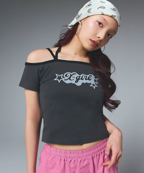 大人気 X-girl FLYING STARS LOGO OFF THE SHOULDER BABY TEE X-girl FLYING STARS LOGO OFF THE SHOULDER BABY TEE - SE