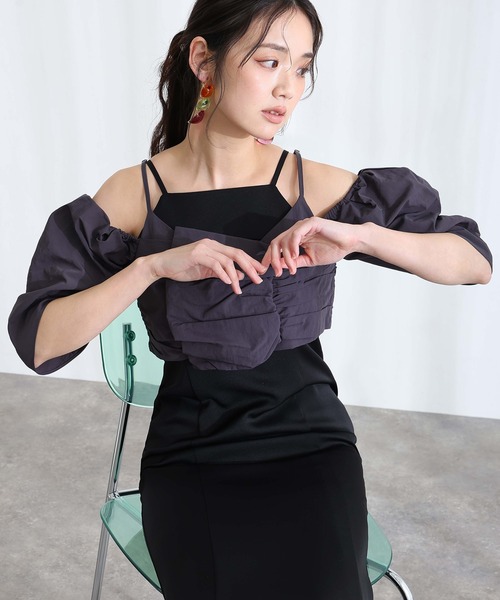 ミモレ丈&袖あり フォーマル リボンボリューム袖セレモニー 結婚式 二次会 パーティー ドレス オケージョンドレス 同窓会 成人式 グログランパフスリーブオフショル お呼ばれ 謝恩会 20代 30代
