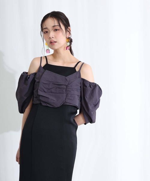 PourVous（プールヴー）の「ミモレ丈&袖あり フォーマル リボンボリューム袖セレモニー 結婚式 二次会 パーティー ドレス オケージョンドレス 同窓会 成人式 グログランパフスリーブオフショル お呼ばれ 謝恩会 20代 30代（ドレス・レディース・ベージュ/チャコール/ブラック・M）」の7枚目の写真