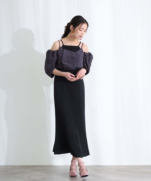 PourVous（プールヴー）の「ミモレ丈&袖あり フォーマル リボンボリューム袖セレモニー 結婚式 二次会 パーティー ドレス オケージョンドレス 同窓会 成人式 グログランパフスリーブオフショル お呼ばれ 謝恩会 20代 30代（ドレス・レディース・ベージュ/チャコール/ブラック・M）」の8枚目の写真