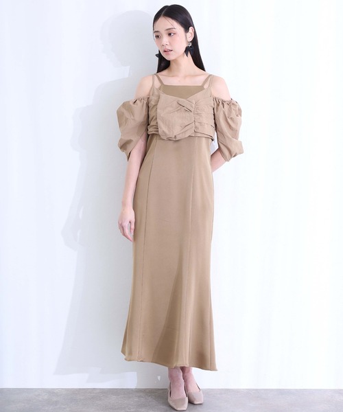 PourVous（プールヴー）の「ミモレ丈&袖あり フォーマル リボンボリューム袖セレモニー 結婚式 二次会 パーティー ドレス オケージョンドレス 同窓会 成人式 グログランパフスリーブオフショル お呼ばれ 謝恩会 20代 30代（ドレス・レディース・ベージュ/チャコール/ブラック・M）」の9枚目の写真