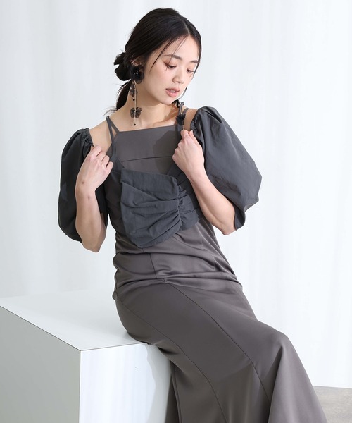 PourVous（プールヴー）の「ミモレ丈&袖あり フォーマル リボンボリューム袖セレモニー 結婚式 二次会 パーティー ドレス オケージョンドレス 同窓会 成人式 グログランパフスリーブオフショル お呼ばれ 謝恩会 20代 30代（ドレス・レディース・ベージュ/チャコール/ブラック・M）」の13枚目の写真