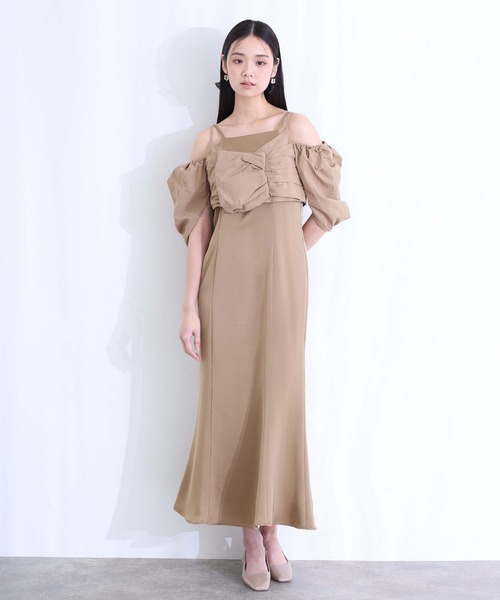 PourVous（プールヴー）の「ミモレ丈&袖あり フォーマル リボンボリューム袖セレモニー 結婚式 二次会 パーティー ドレス オケージョンドレス 同窓会 成人式 グログランパフスリーブオフショル お呼ばれ 謝恩会 20代 30代（ドレス・レディース・ベージュ/チャコール/ブラック・M）」の22枚目の写真