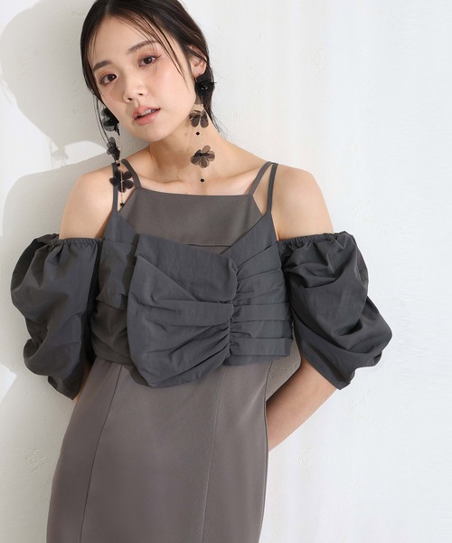 PourVous（プールヴー）の「ミモレ丈&袖あり フォーマル リボンボリューム袖セレモニー 結婚式 二次会 パーティー ドレス オケージョンドレス 同窓会 成人式 グログランパフスリーブオフショル お呼ばれ 謝恩会 20代 30代（ドレス・レディース・ベージュ/チャコール/ブラック・M）」の5枚目の写真