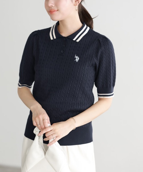 U.S. POLO ASSN.(ユーエスポロアッスン)の「U.S. POLO ASSN. 配色デザインポロニット(ニット/セーター・レディース・ネイビー系/アイボリー系/グレー系・L/M)」の1枚目の写真