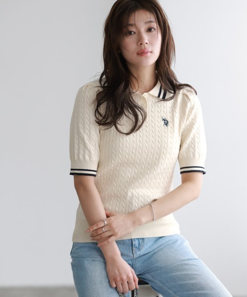 U.S. POLO ASSN.(ユーエスポロアッスン)の「U.S. POLO ASSN. 配色デザインポロニット(ニット/セーター・レディース・ネイビー系/アイボリー系/グレー系・L/M)」の14枚目の写真