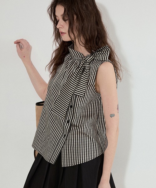 チェック柄 リボンタイ ノースリーブブラウス FX25S109【Fano