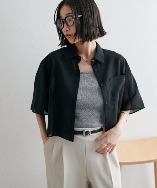SAYAKADAVIS シアークロップドシャツ　ブラック　半袖　麻　ブラウス　黒 adidas（アディダス） ブラウス シャツ 「adidas×アルペン限定モデル