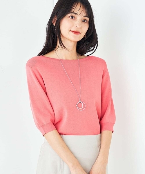 a.v.v(アーヴェヴェ)の「【接触冷感/UVカット/洗える】ボートネックハーフスリーブ美ラクるサマーニット(ニット/セーター・レディース・グレー系その他/ブラック/ホワイト/ピンク/ダークインディゴブルー/ブルー・34/38/36/40/42)」の6枚目の写真