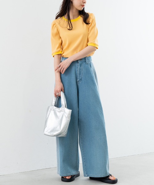 SABUROKU(サブロク)の「【SABUROKU】着るだけで 華奢魅せ ギャザースリーブ 半袖 プルオーバー(Tシャツ/カットソー・レディース・イエロー/ブルー・M)」の16枚目の写真
