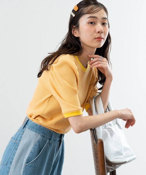 SABUROKU(サブロク)の「【SABUROKU】着るだけで 華奢魅せ ギャザースリーブ 半袖 プルオーバー(Tシャツ/カットソー・レディース・イエロー/ブルー・M)」の15枚目の写真