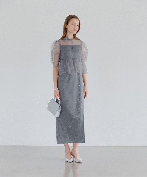 レジャ Leja チュールフラワーモチーフドットストーンIラインドレスワンピース2点セット美脚効果結婚式 パーティードレス 成人式 二次会 同窓会 お セール】【LEJA】チュールフラワーモチーフドットストーンI