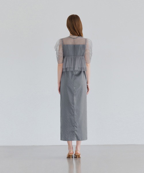 チュールフラワーモチーフドットストーンIラインワンピースドレス結婚式パーティー セール】【LEJA】チュールフラワーモチーフドットストーンI