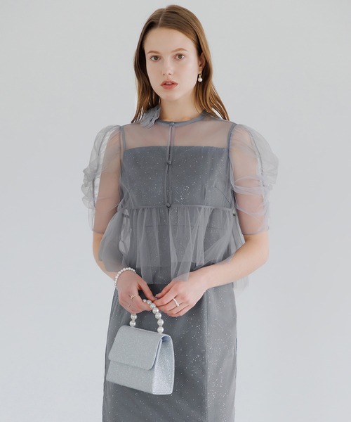 LEJA】チュールオフショルダー花柄Iラインドレスワンピース 2点セット