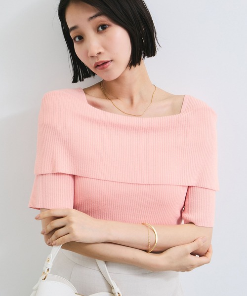 VIS（ビス）の「【アンチピリング/UVケア/洗える】オフショルハーフスリーブニット（ニット/セーター・レディース・オフホワイト/ネイビー/ダークブラウン/ライトグリーン/ピンク/ブラック/イエロー系その他・FREE）」の7枚目の写真