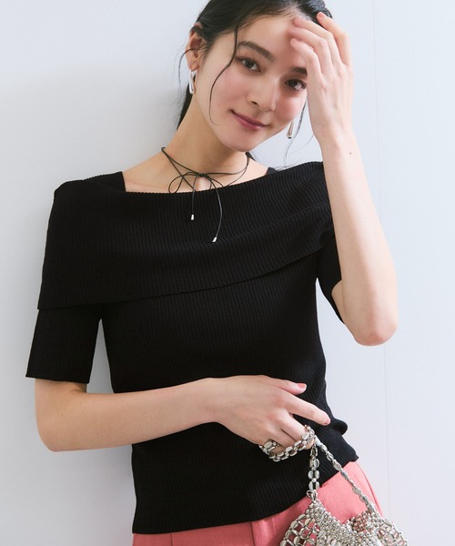 VIS（ビス）の「【アンチピリング/UVケア/洗える】オフショルハーフスリーブニット（ニット/セーター・レディース・オフホワイト/ネイビー/ダークブラウン/ライトグリーン/ピンク/ブラック/イエロー系その他・FREE）」の3枚目の写真