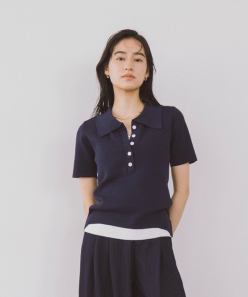 DRWCYS（ドロシーズ）の「ハーフスリーブレイヤードポロニットトップス（ニット/セーター・レディース・ネイビー/ベージュ・FREE）」の4枚目の写真