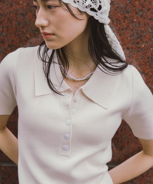 DRWCYS（ドロシーズ）の「ハーフスリーブレイヤードポロニットトップス（ニット/セーター・レディース・ネイビー/ベージュ・FREE）」の13枚目の写真