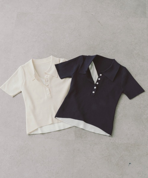 DRWCYS（ドロシーズ）の「ハーフスリーブレイヤードポロニットトップス（ニット/セーター・レディース・ネイビー/ベージュ・FREE）」の8枚目の写真