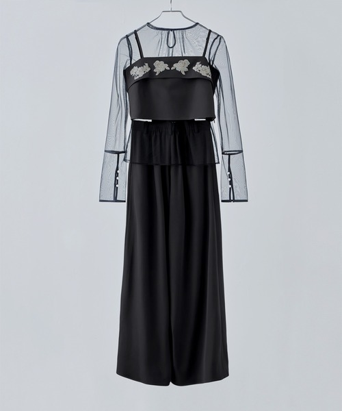 3piece刺繍リボンビスチェ＆タックワイドパンツセットアップ