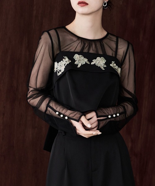 etoll.(エトル)の「3piece刺繍リボンビスチェ&タックワイドパンツセットアップ(パンツドレス・レディース・ブラック/ブルーグレー/チャコールグレー・S/M)」の9枚目の写真