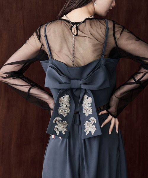 3piece刺繍リボンビスチェ&タックワイドパンツセットアップ パンツドレス(パンツドレス)|etoll.(エトル)