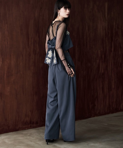 3piece刺繍リボンビスチェ&タックワイドパンツセットアップ パンツドレス(パンツドレス)|etoll.(エトル)