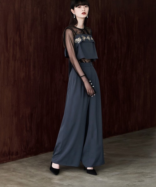 3piece刺繍リボンビスチェ&タックワイドパンツセットアップ パンツドレス(パンツドレス)|etoll.(エトル)