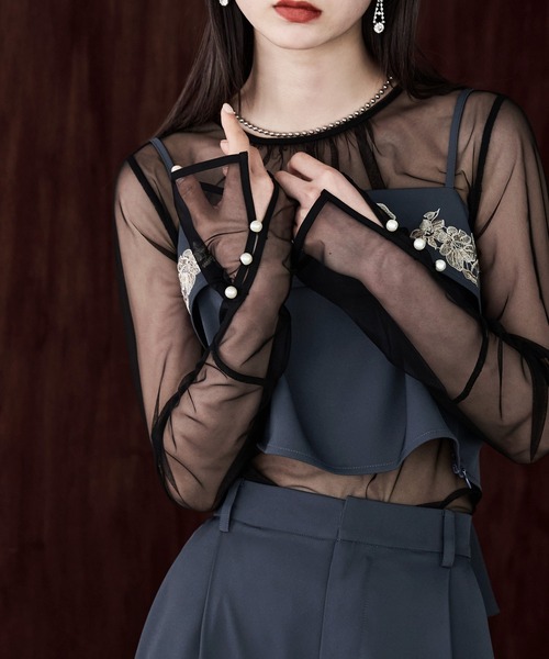 3piece刺繍リボンビスチェ&タックワイドパンツセットアップ パンツドレス(パンツドレス)|etoll.(エトル)