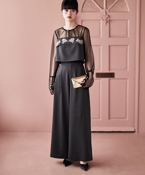 ハンドメイド【セットアップ3点】 3piece刺繍リボンビスチェ＆タックワイドパンツセットアップ