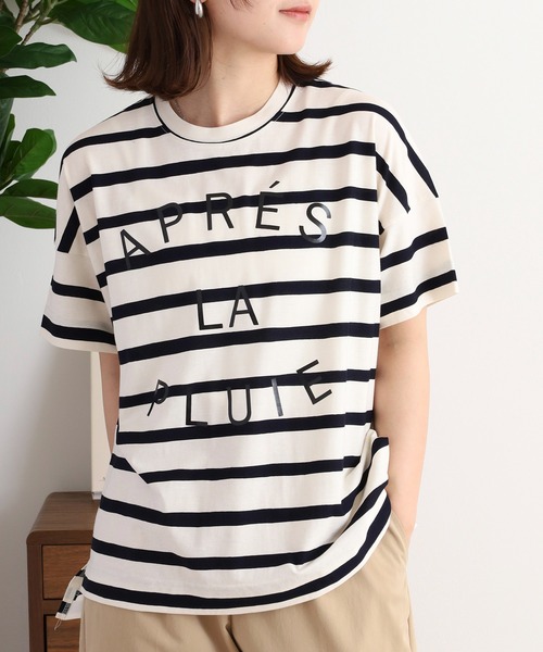 tシャツ BRODIAEA 抜き染めボーダー ロゴプリント半袖Tシャツ「日本製」 レディース セール】BRODIAEA 抜き染めボーダー ロゴプリント半袖Tシャツ