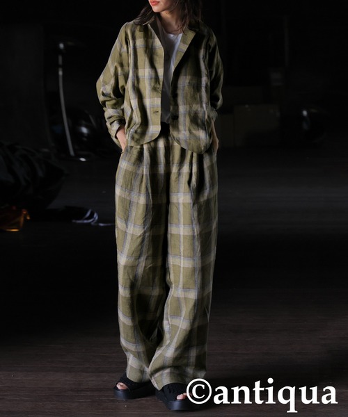 antiqua(アンティカ)の「リネンチェックジャケット(その他アウター・レディース・ブルー/カーキ・ONESIZE)」の3枚目の写真