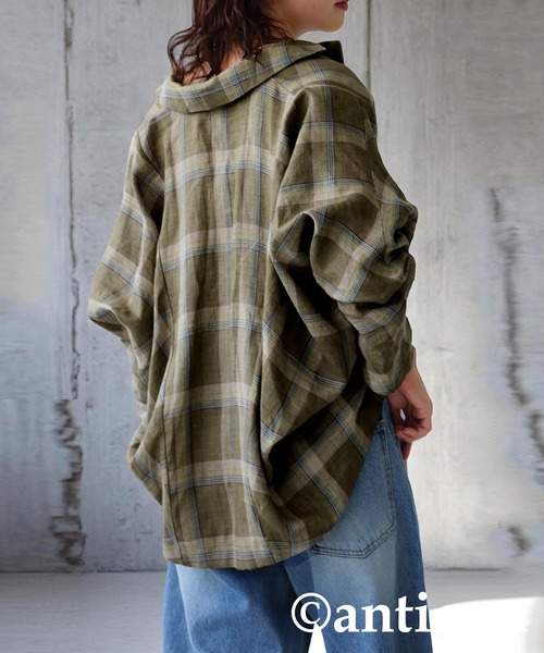 antiqua(アンティカ)の「リネンチェックジャケット(その他アウター・レディース・ブルー/カーキ・ONESIZE)」の7枚目の写真