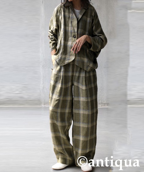 antiqua(アンティカ)の「リネンチェックジャケット(その他アウター・レディース・ブルー/カーキ・ONESIZE)」の5枚目の写真