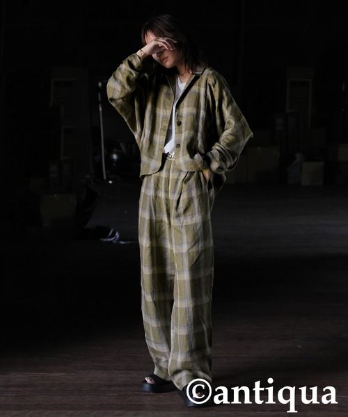 antiqua(アンティカ)の「リネンチェックジャケット(その他アウター・レディース・ブルー/カーキ・ONESIZE)」の6枚目の写真